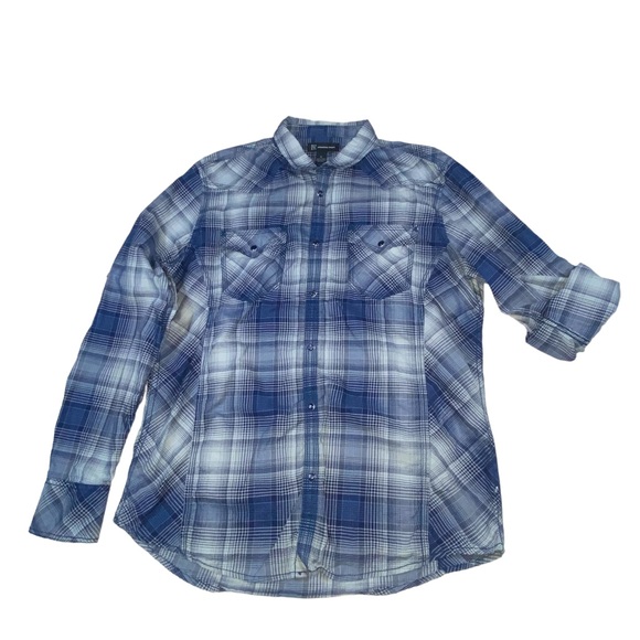 INC Blue Plaid Snap Down Shirt - Men’s Medium International Concepts - Picture 2 of 14